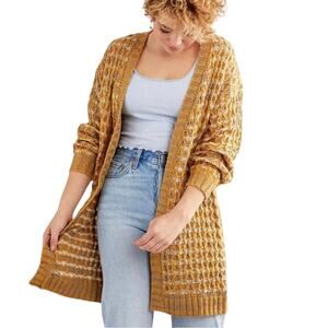 Willow & Root Buckle gold mustard chunky waffle knit open cardigan sweater Large